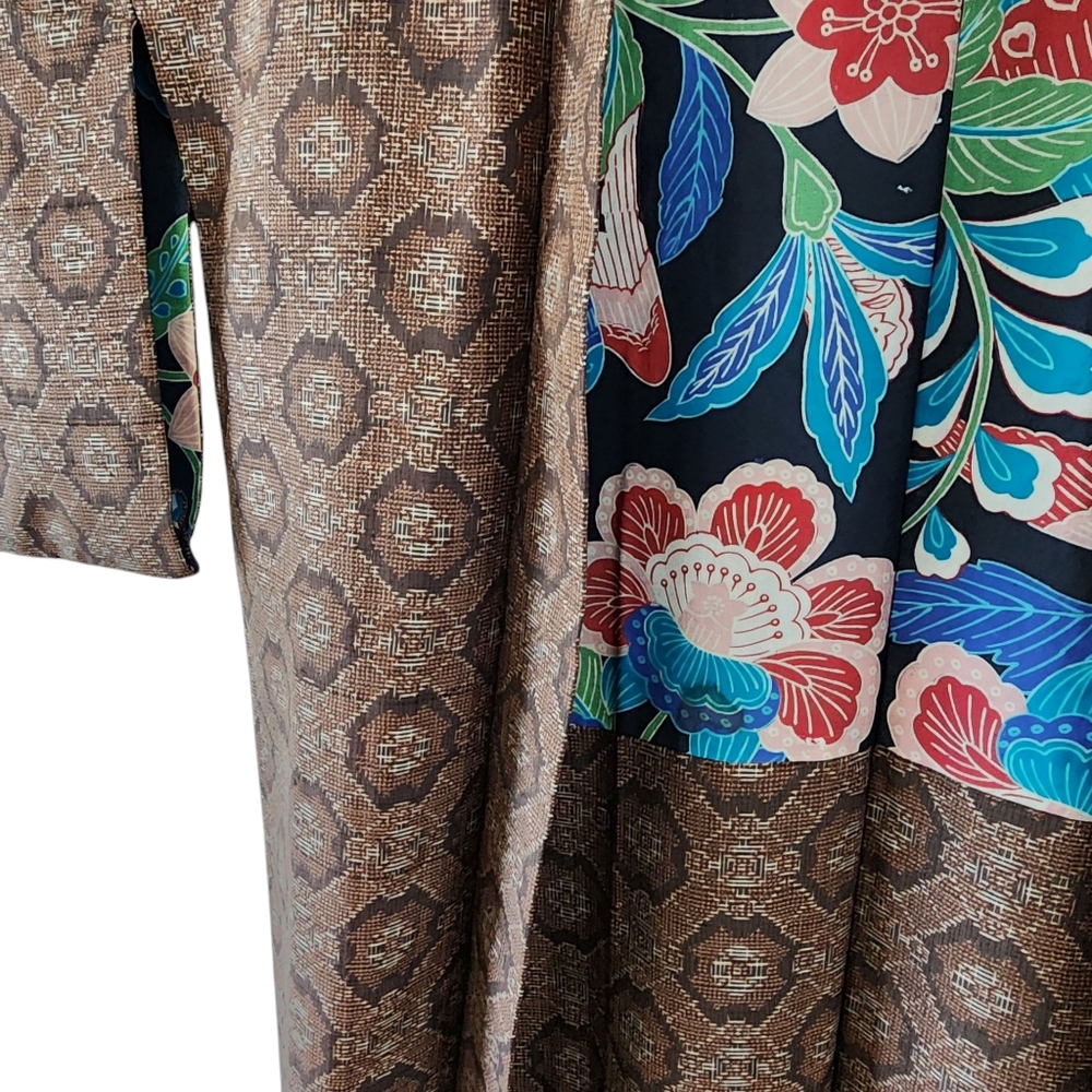Vintage kimono silk hand stitched haori jacket brown floral lining -K11 - Picture 14 of 16